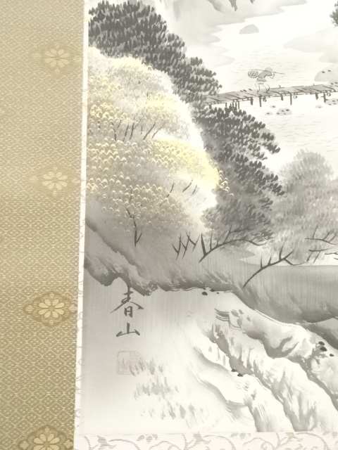 水墨画 春雪画　山水画 掛け軸　肉筆　絹本　古物 道具 ] - 道具 茨木春山筆 水墨山水 肉筆絹本掛軸（共箱